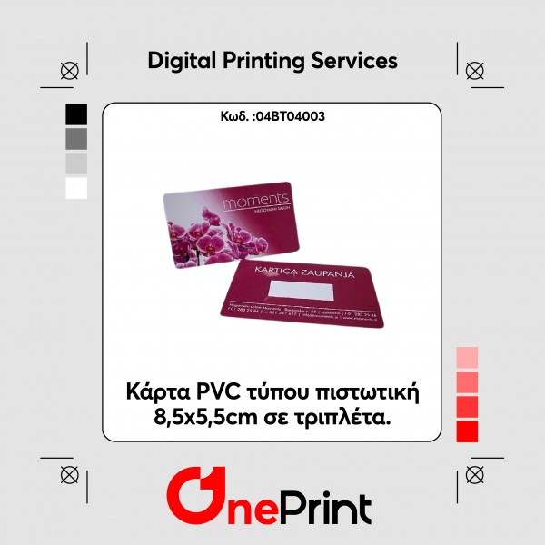 Κάρτα PVC τύπου πιστωτική 8,5x5,5cm σε τριπλέτα.